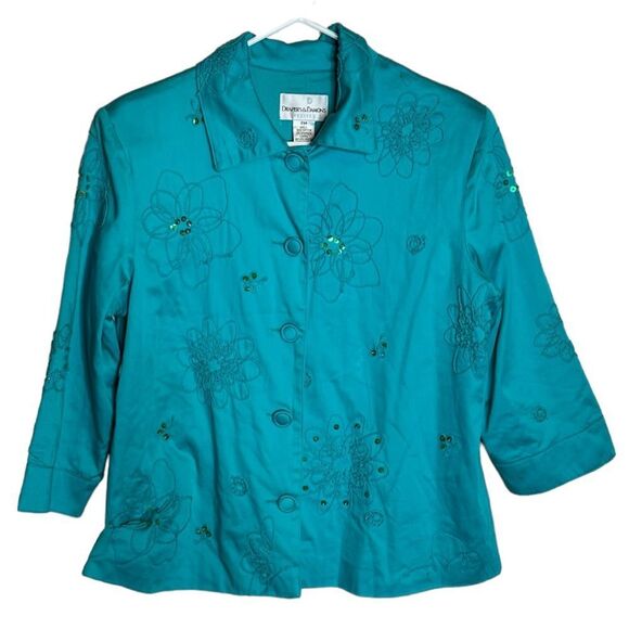 Draper’s & Damon’s Teal  blazer button front jacket embroidered sequin vintage - Picture 2 of 6
